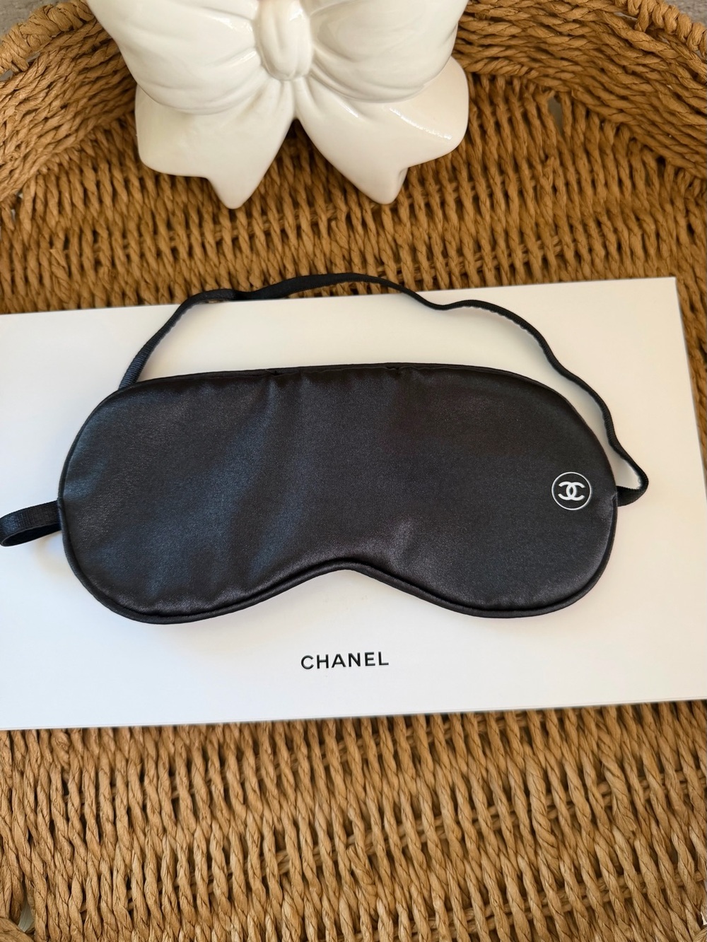 CHANEL Black Satin Eye Mask with CC Emblem